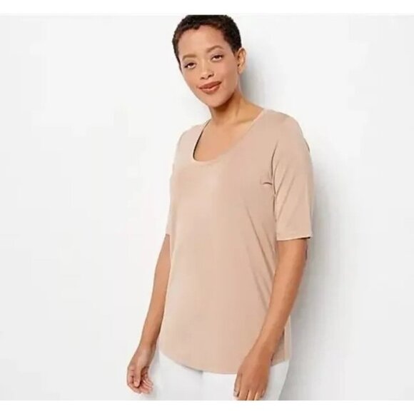 Susan Graver Weekend Essentials Cool Touch U Neck Top Womens XXS Warm Taupe NEW - Picture 1 of 7